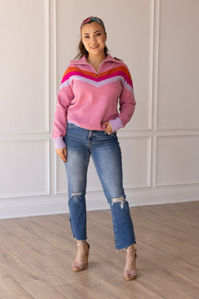 Vintage Vibes Pink Quarter Zip Sweater