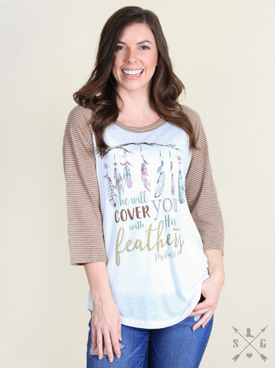 He Will Cover You with His Feathers on White Raglan with Taupe Striped Sleeves