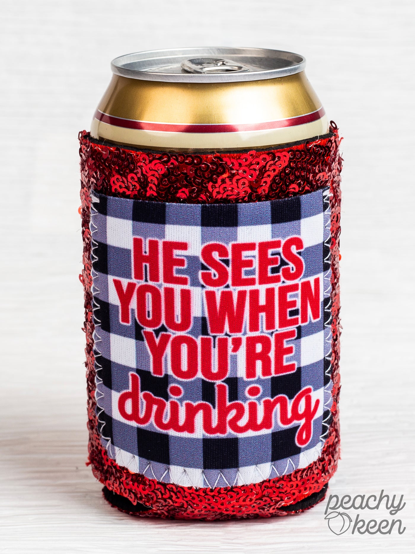 He Sees you when you're Drinking Sequin Can Cooler