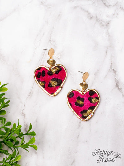 LOVE YOURSELF FIRST MOHAIR FUCHSIA LEOPARD HEART PENDANT DANGLE EARRINGS