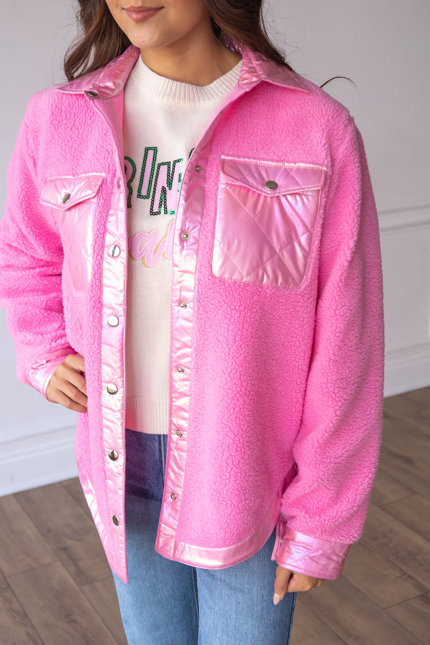 Hey Darling Bubble Gum Pink Button Up Sherpa