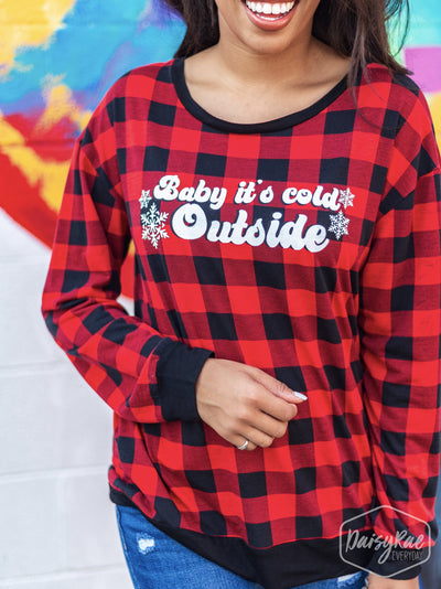 Baby It's Cold Outside on Plaid With Me Long Sleeves Tee, Buffalo Plaid