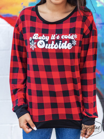 Baby It's Cold Outside on Plaid With Me Long Sleeves Tee, Buffalo Plaid