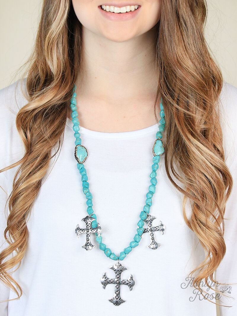 Three Crosses on Turquoise Stone Necklace with Gold Halo Accent