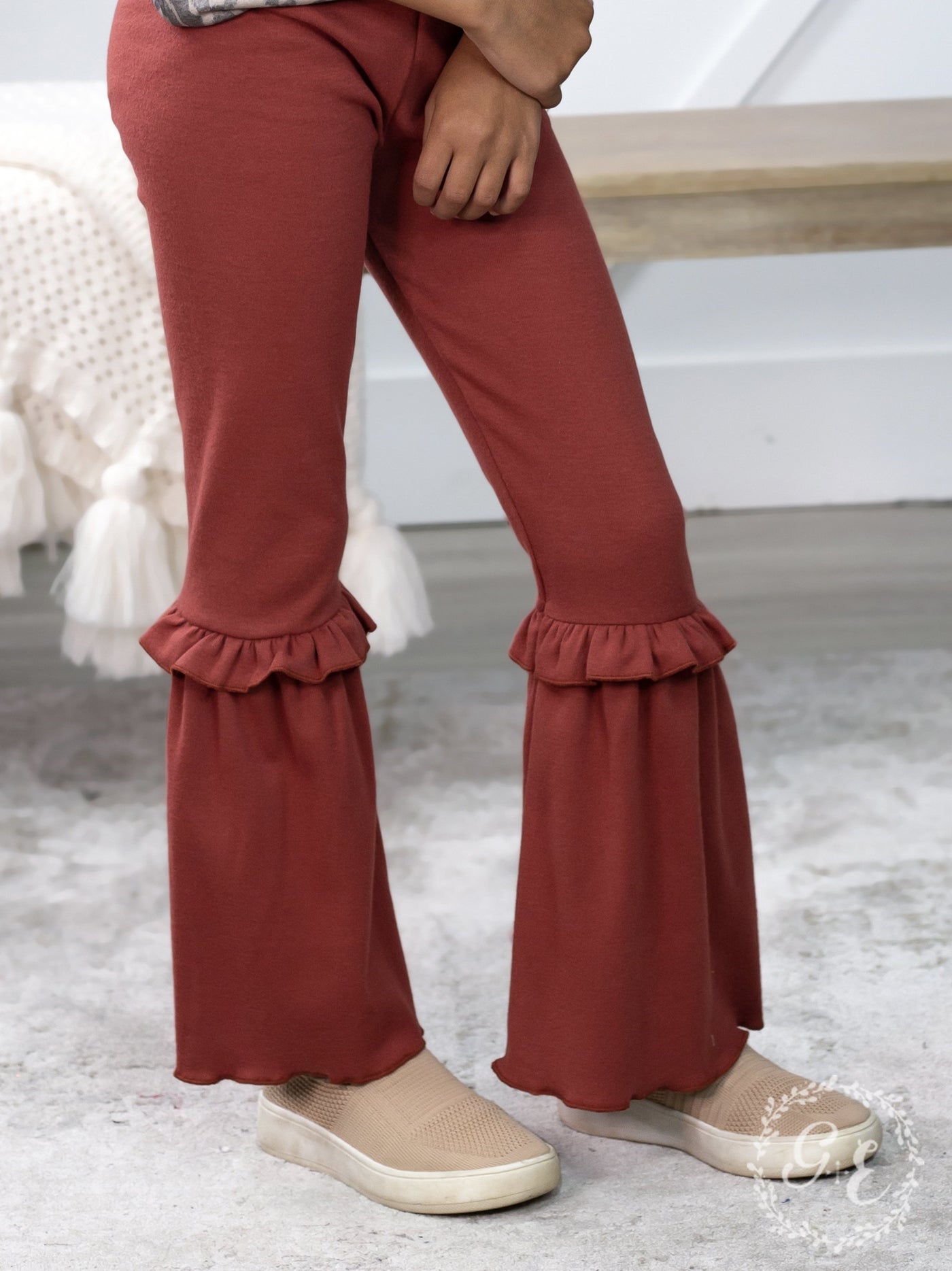 Girls Ruffle My Feathers Flare Pants with Ruffle, Mauve