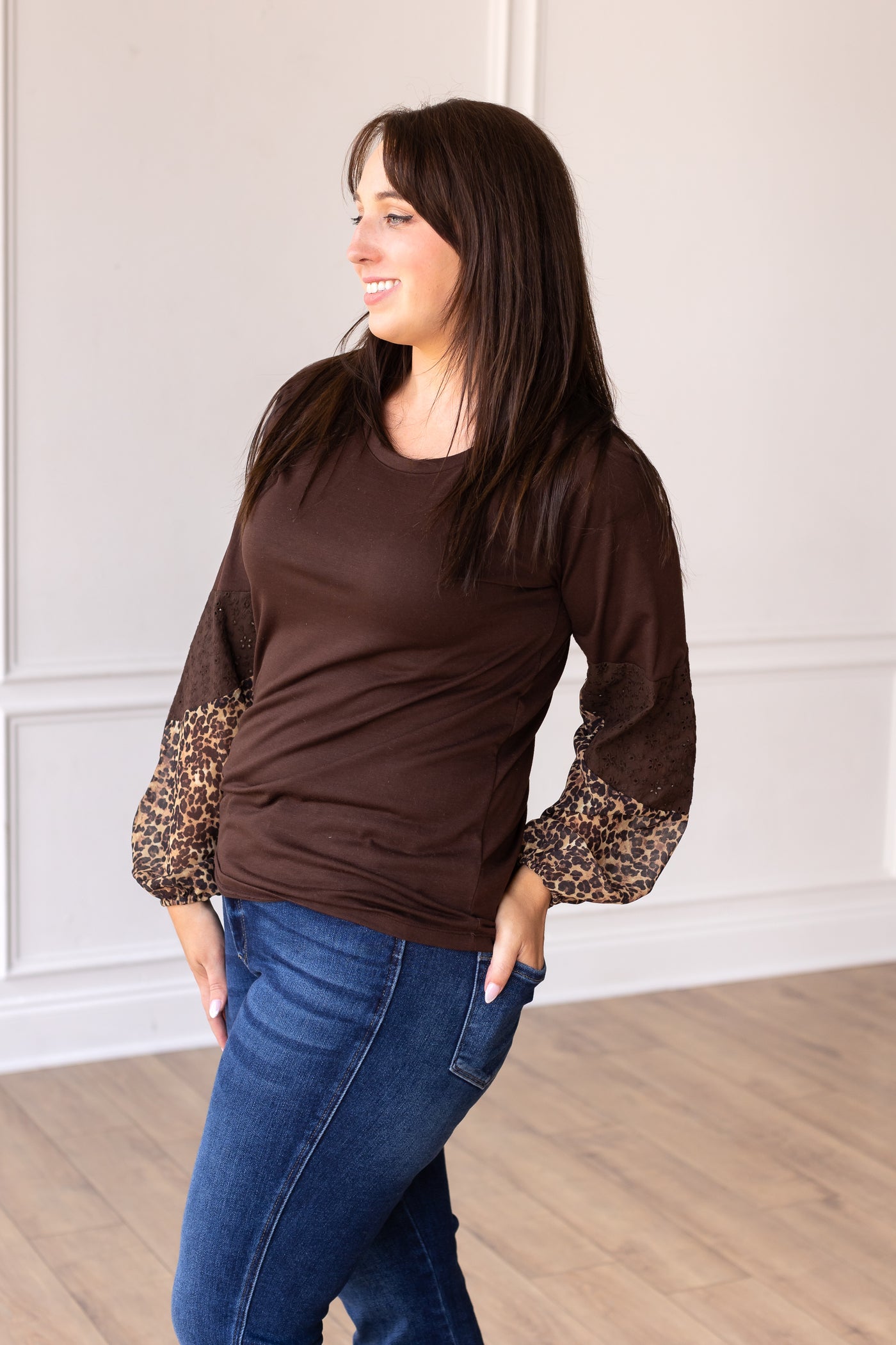 Brown Top with Leopard Puff Sleeve