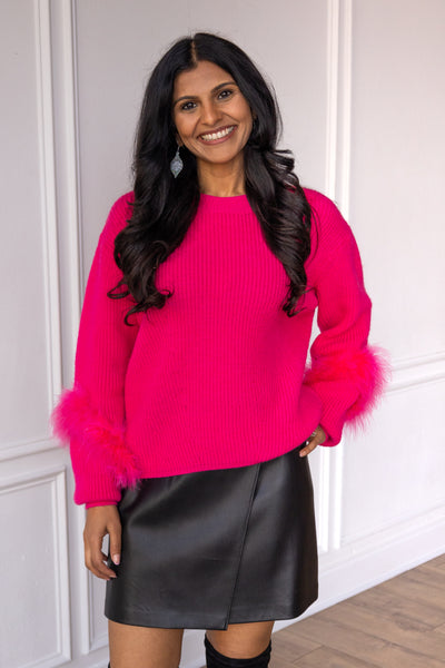 Hot Pink Knit Feather Sweater