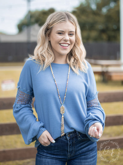 Miss Seeing You Waffle Top with Balloon Sleeves, Denim Blue