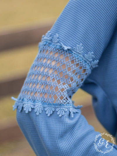 Miss Seeing You Waffle Top with Balloon Sleeves, Denim Blue