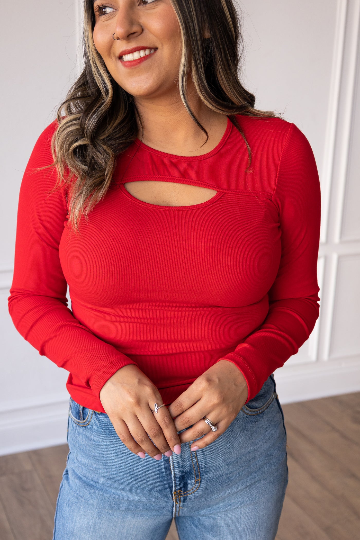 Red Cutout Long-Sleeved Top