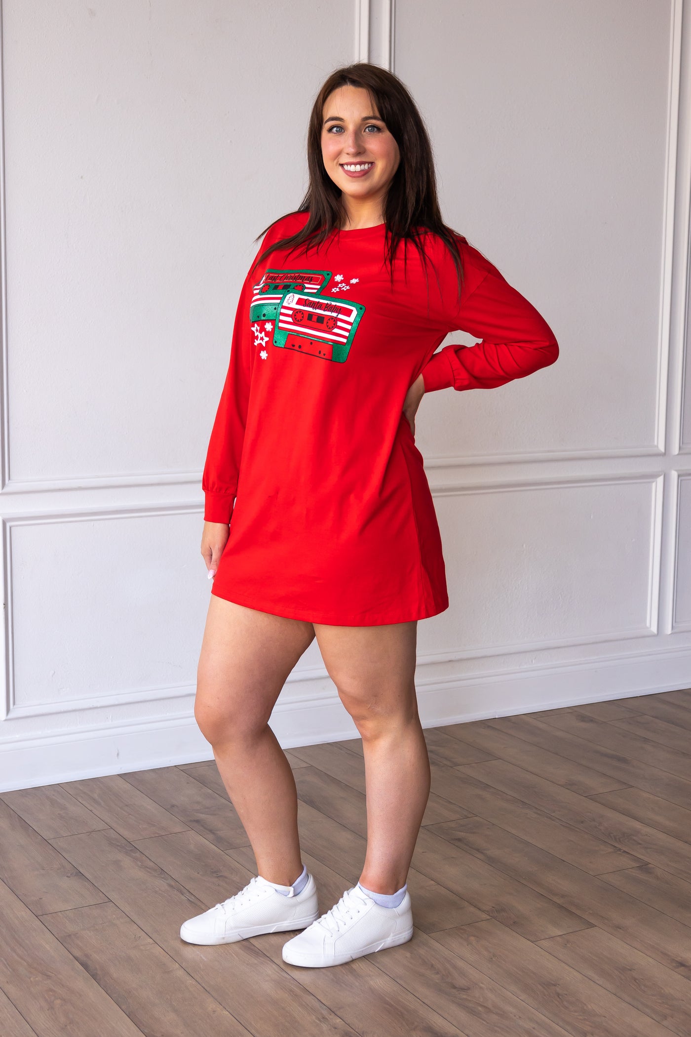 Christmas Cassettes on Red Long sleeve Sweater Dress