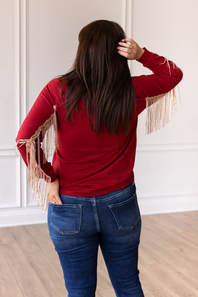 Red Top With Cowhide Tree and Sequin Fringe