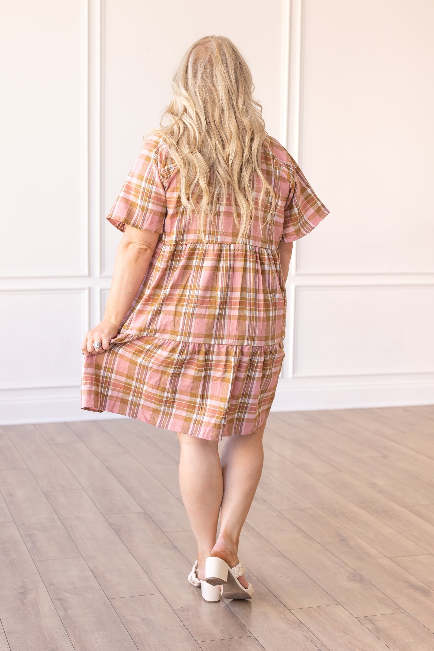 A Walked Through the Leaves Plaid Flutter Sleeve Dress