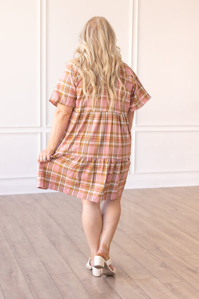 A Walked Through the Leaves Plaid Flutter Sleeve Dress