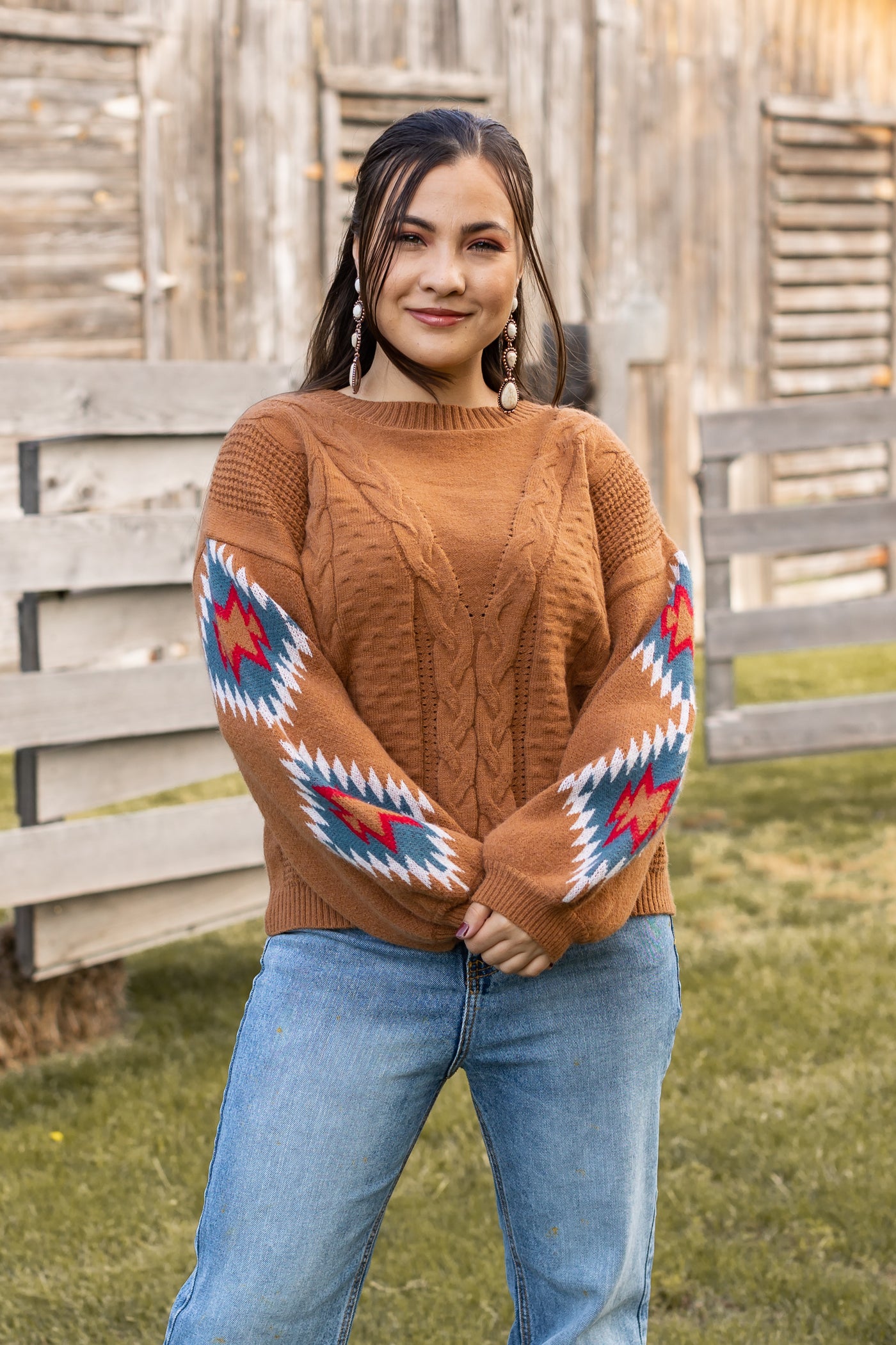 Terracotta Horizon Aztec Sleeve Sweater
