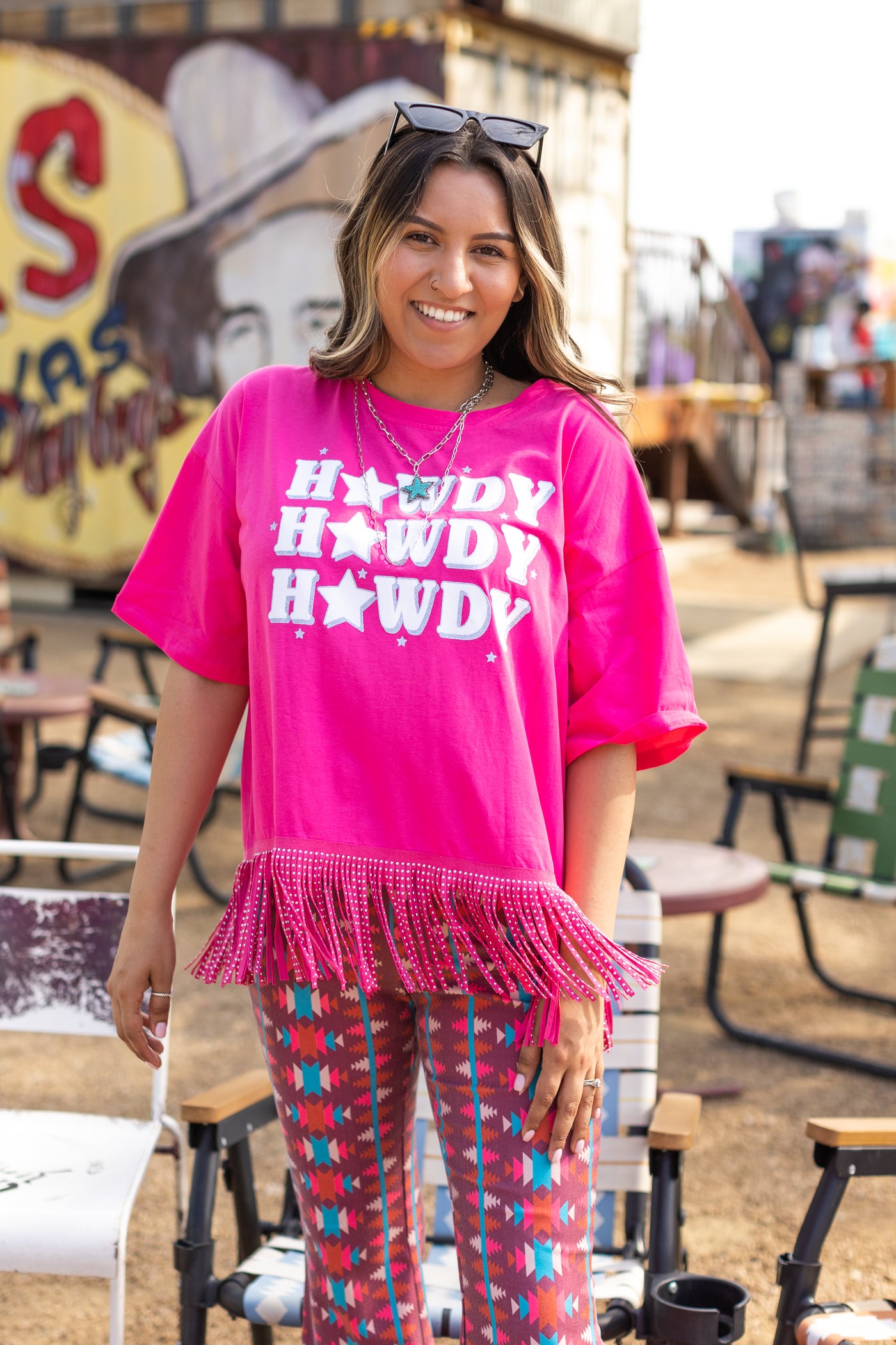 Howdy Howdy Howdy on Studded Fringe Crop Top, Hot Pink