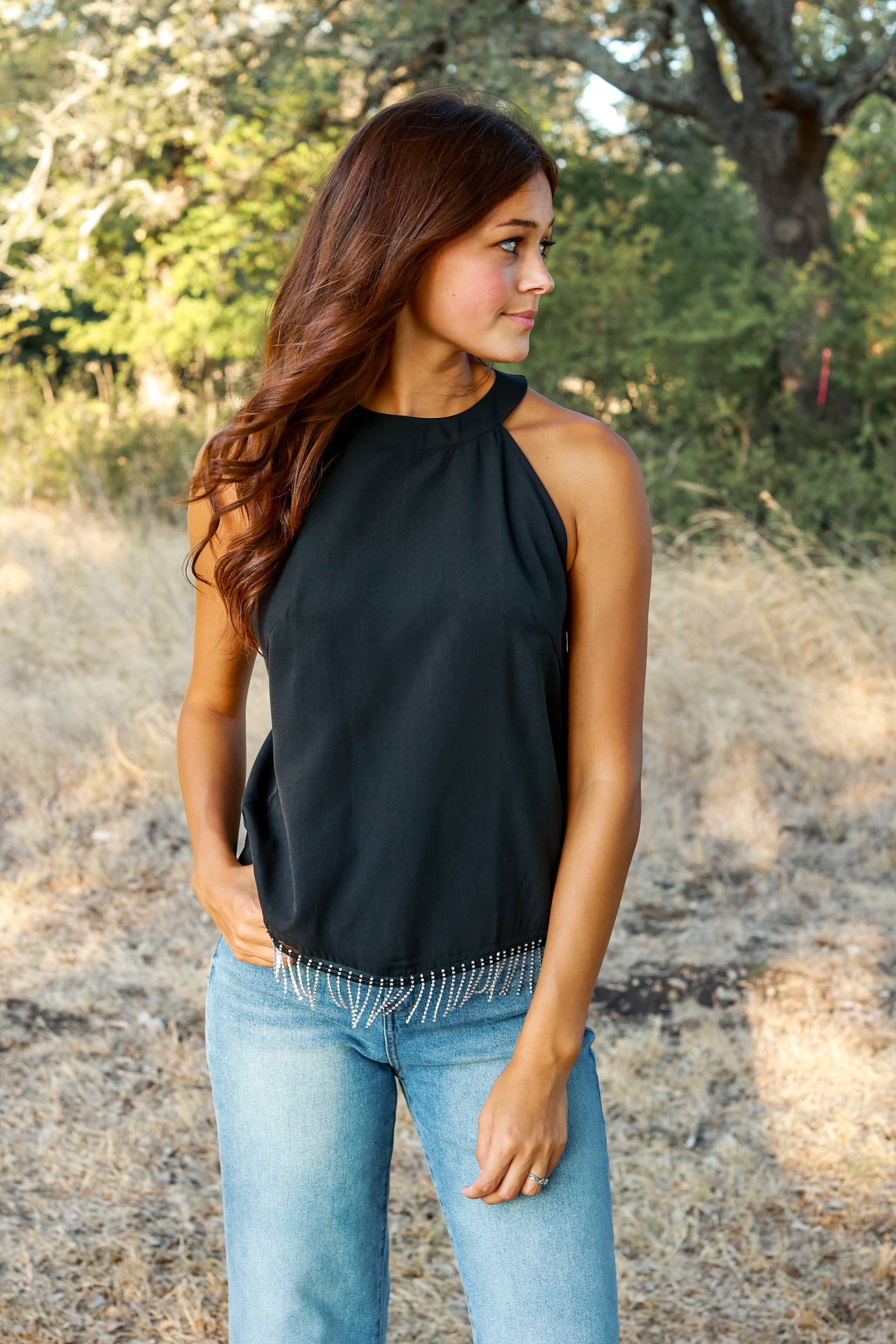 Simply Perfect Black Halter Top with Rhinestone Fringe