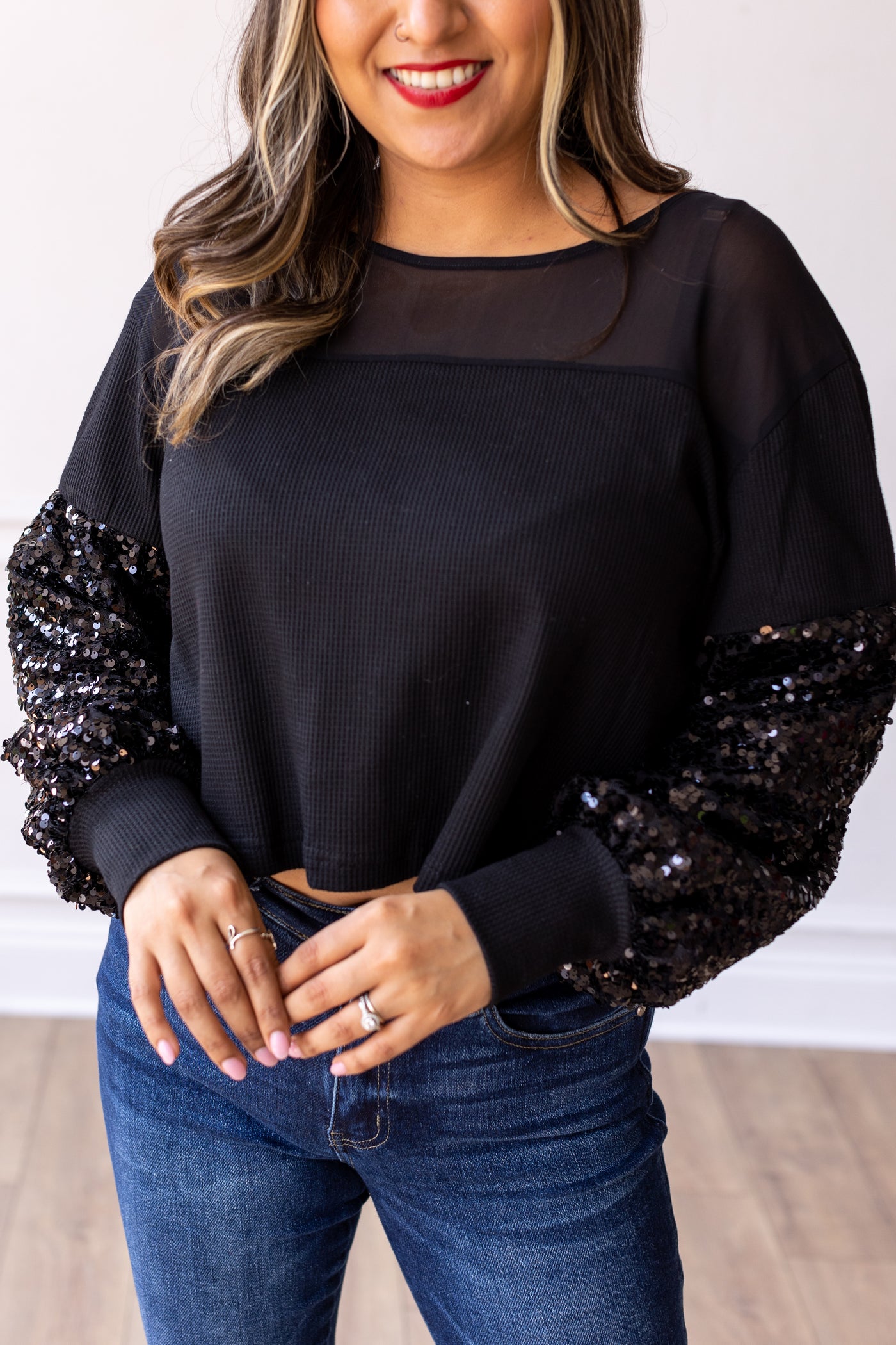 Black Waffle Knit Top with Mesh and Sequin Details