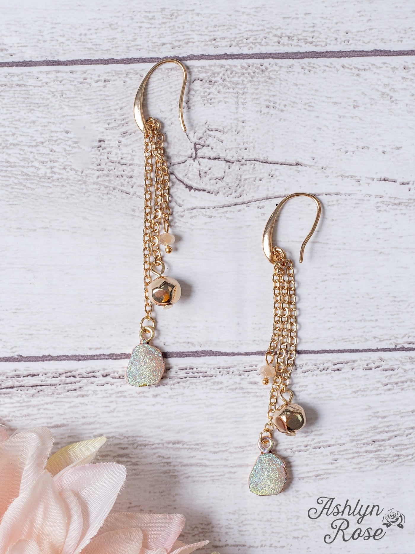 SIMPLISTIC HEART IRIDESCENT DRUZY STONE DANGLE EARRINGS