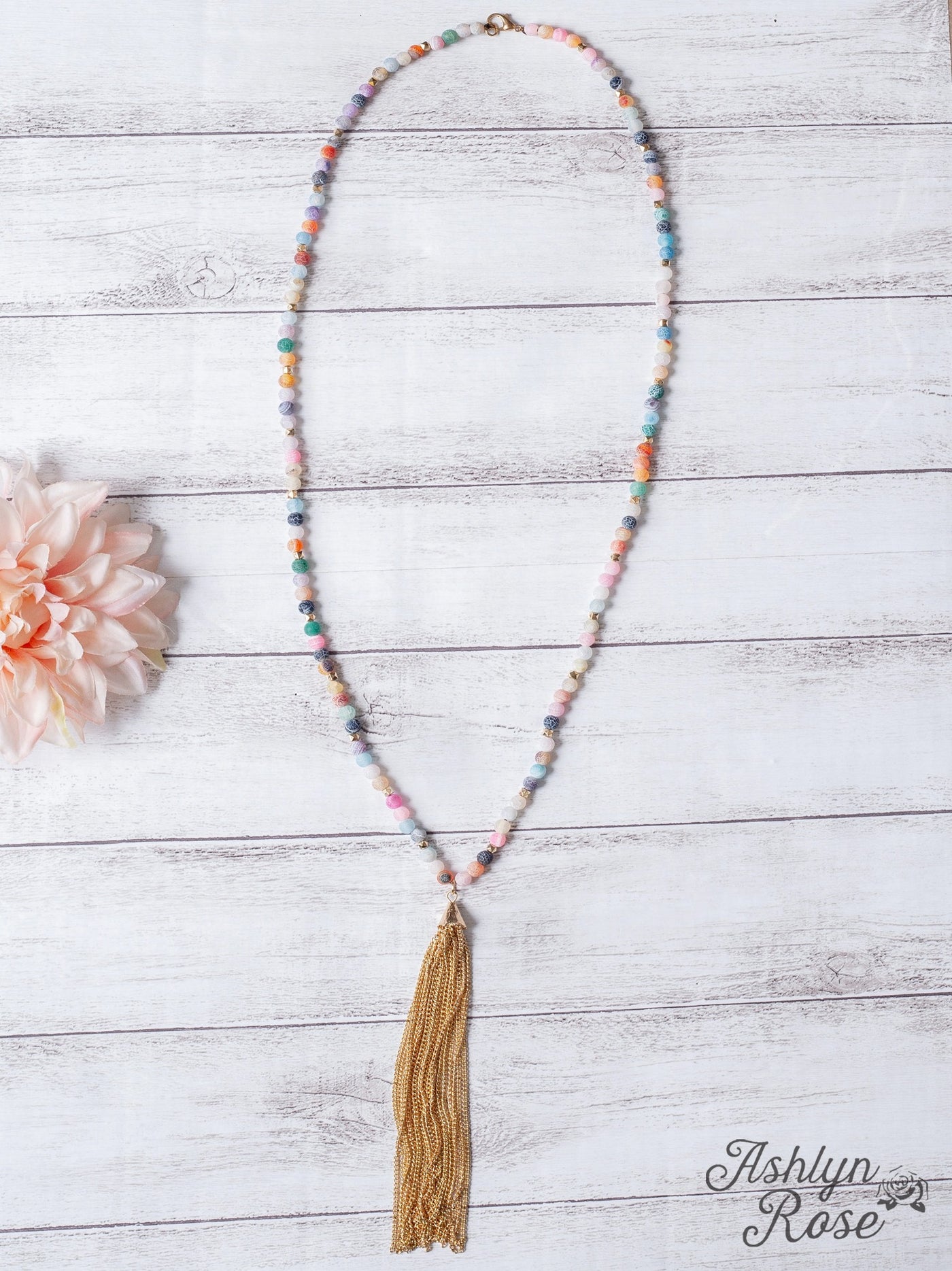 COLOR ME IN BEAUTIFUL GOLD CHAIN TASSEL ON A MATTE MULTICOLOR CRACKED AGATE BEADED NECKLACE