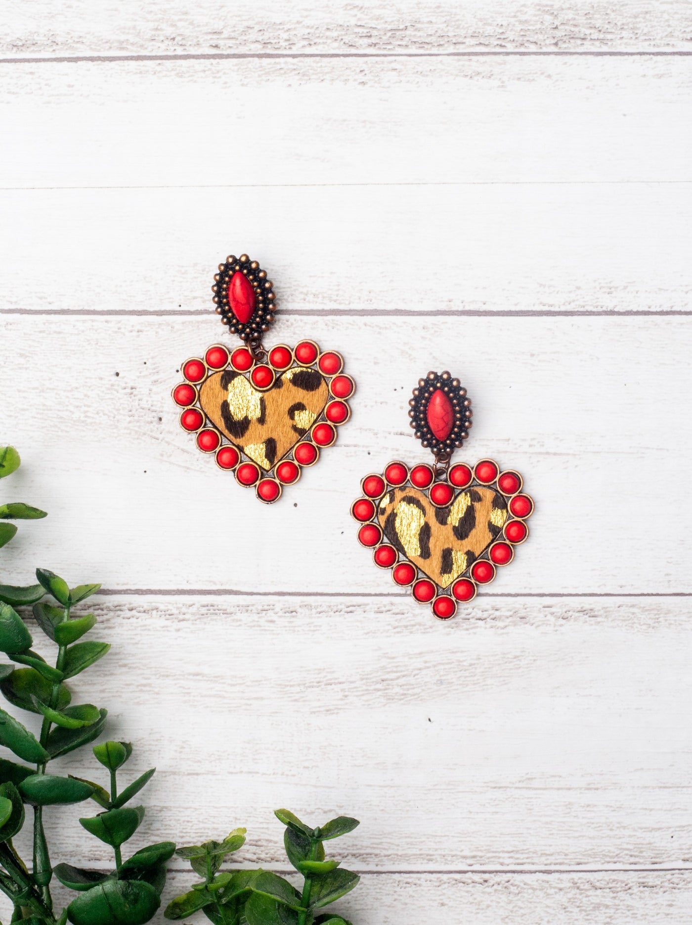 Love Me Like Beth Loves Rip Leopard Red Stoned Heart Shaped Dangle Earrings