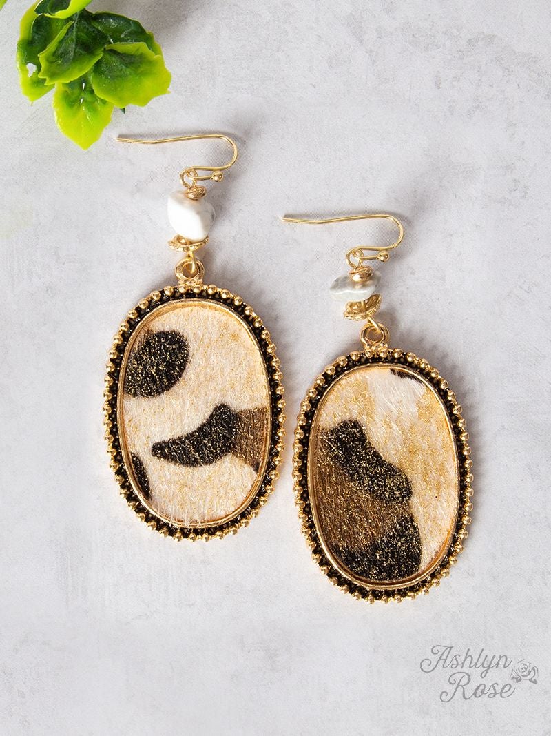 Furry with Stone Oval Earrings, Cow Cream