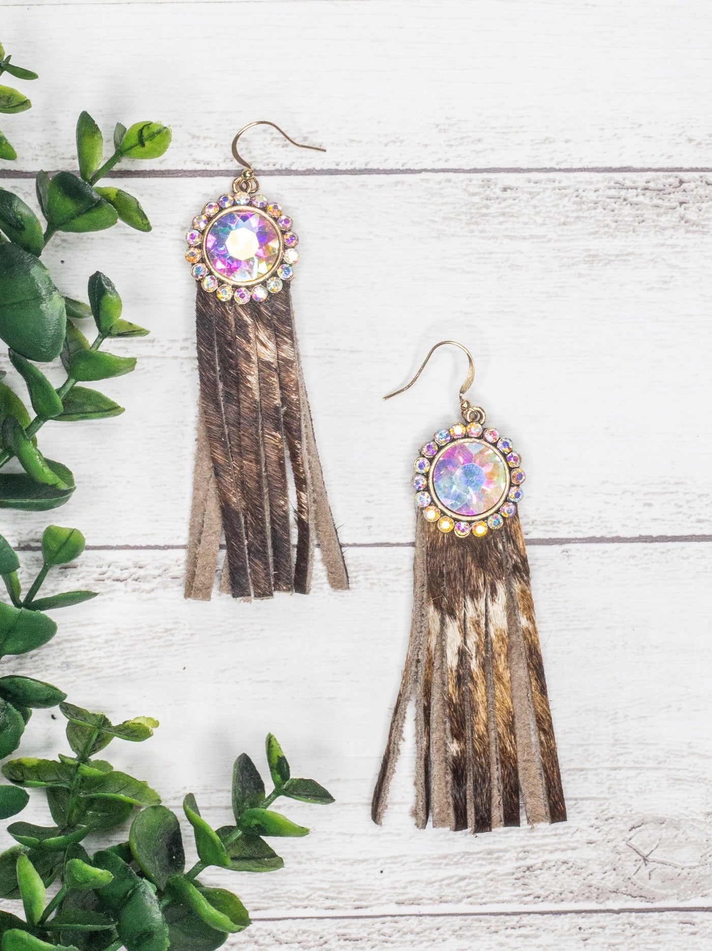 Texas Chica Floral Iridescent Cowhide Fringe Earrings