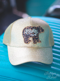 Leopard Mama Bear Patch on Distressed Mustard Hat