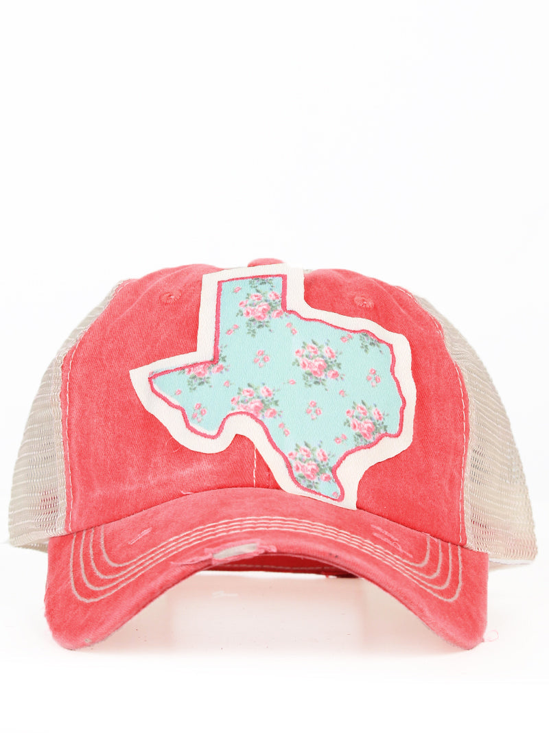 Light Blue Floral Texas Patch on Turquoise Distressed Hat with Mesh