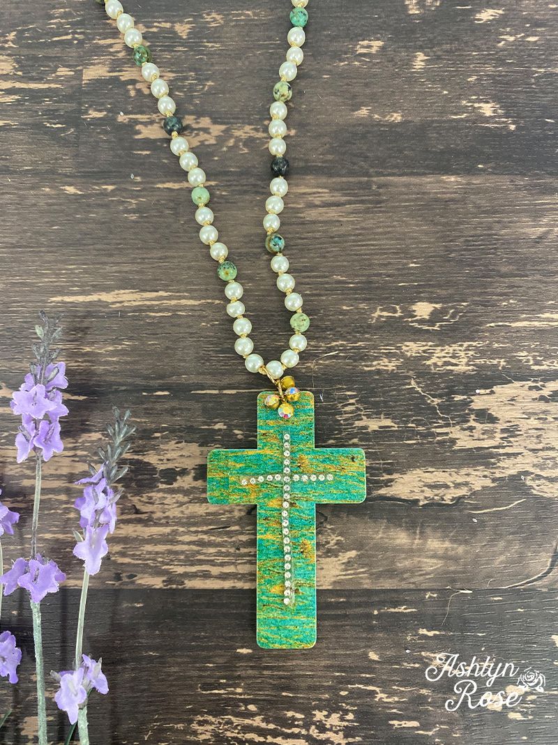 Turquoise Brushed Bling Cross Cutout Necklace, Gold