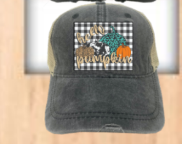 Hello Pumpkin on Charcoal High Ponytail Hat with Stripe Under-Bill & Beige Mesh