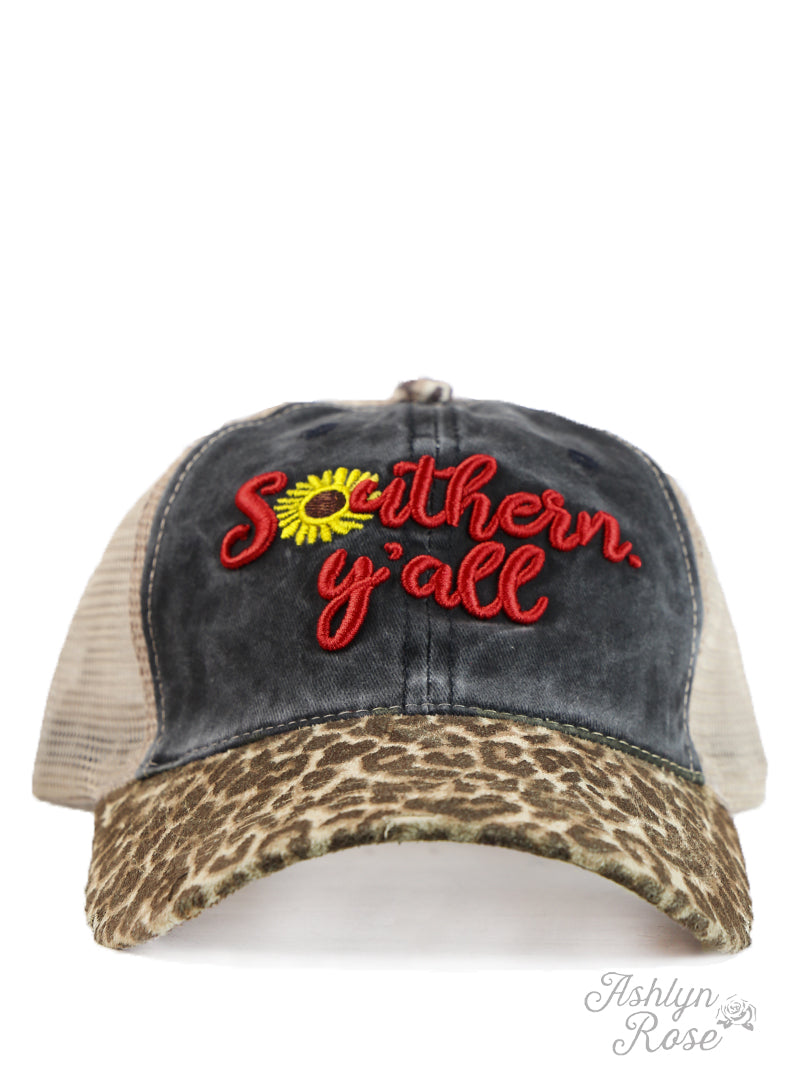 Southern Y'all Embroidered Patch on High Ponytail Charcoal and Leopard Hat