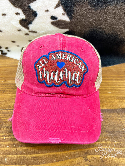 All American Mama on Black Distressed Hat