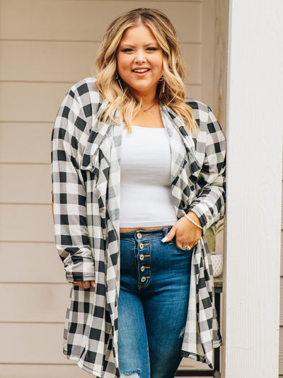 The Ultimate Buffalo Plaid Cardigan with Elbow Patches, White