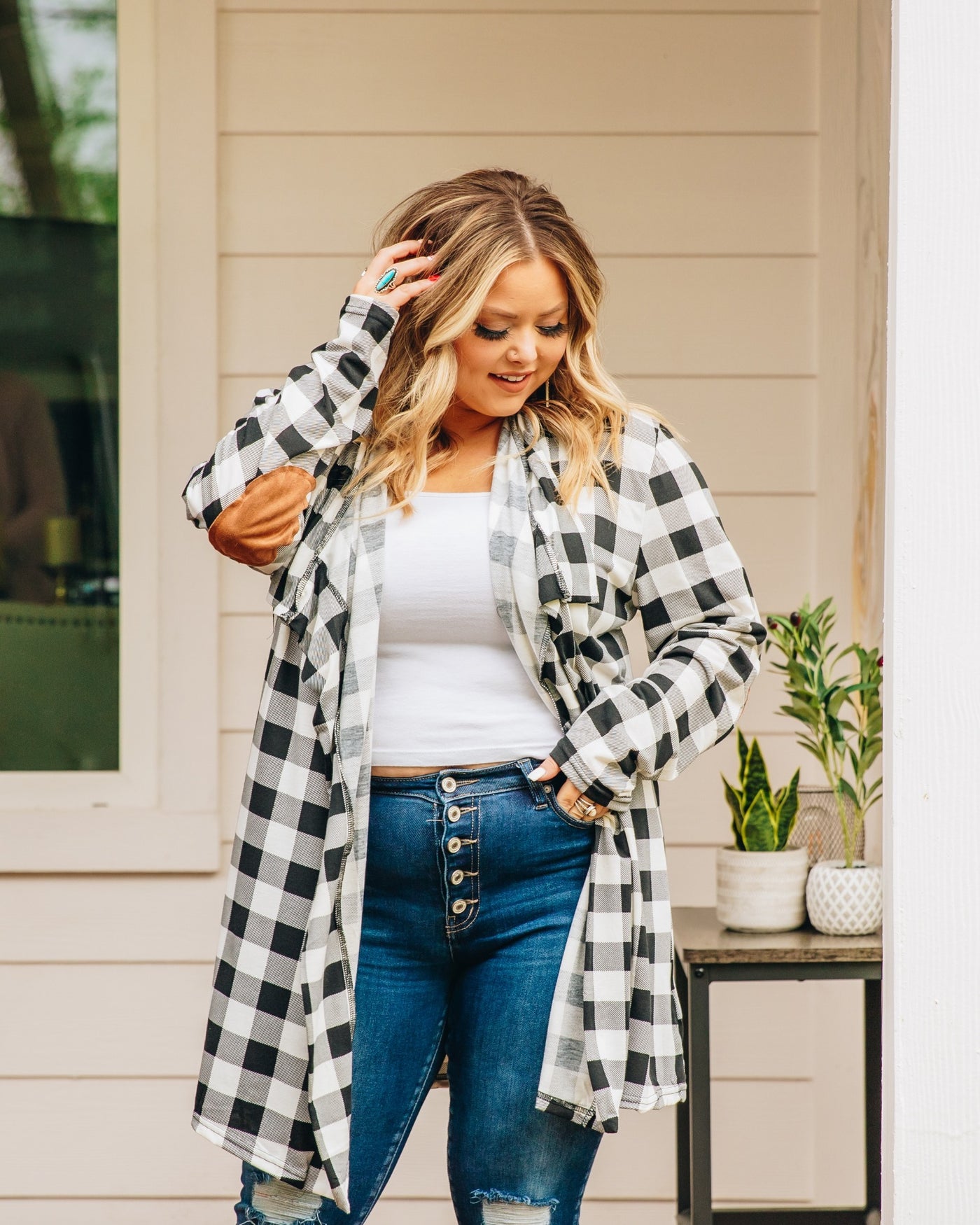 The Ultimate Buffalo Plaid Cardigan with Elbow Patches, White