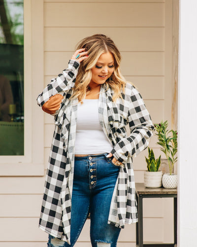 The Ultimate Buffalo Plaid Cardigan with Elbow Patches, White