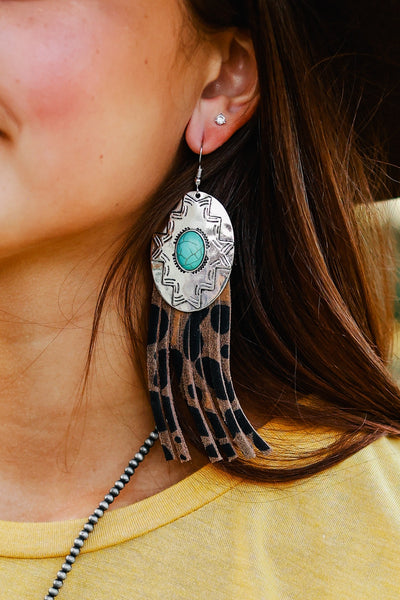 REBEL LIKE REBA TURQUOISE CONCHO WITH VINTAGE LEOPARD FRINGE EARRINGS