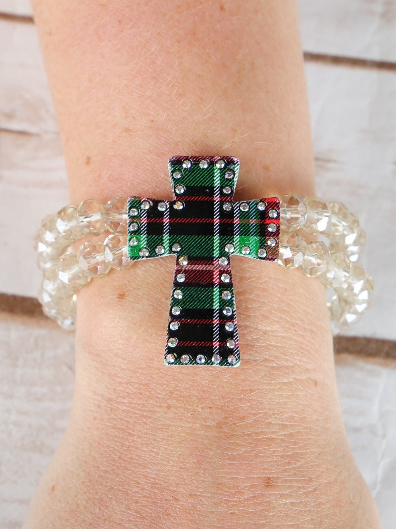 Red & Green Plaid Cross Bracelet with AB Crystals