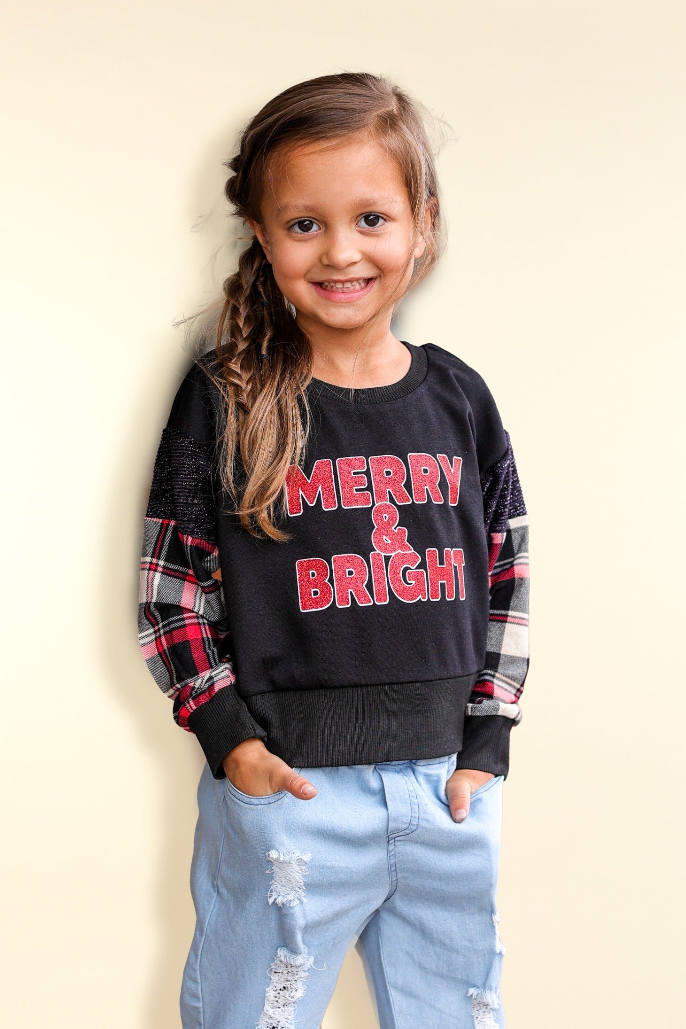 Girls' Merry and Bright with Plaid Sleeves