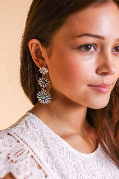 Living For The Glam Floral Earrings with Turquoise Stones