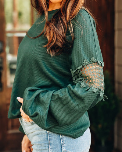 Miss Seeing You Waffle Top with Balloon Sleeves, Emerald Green
