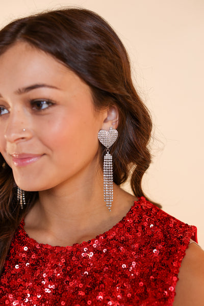 Chained To Your Love Heart Earring With Rhinestone Fringe in Silver