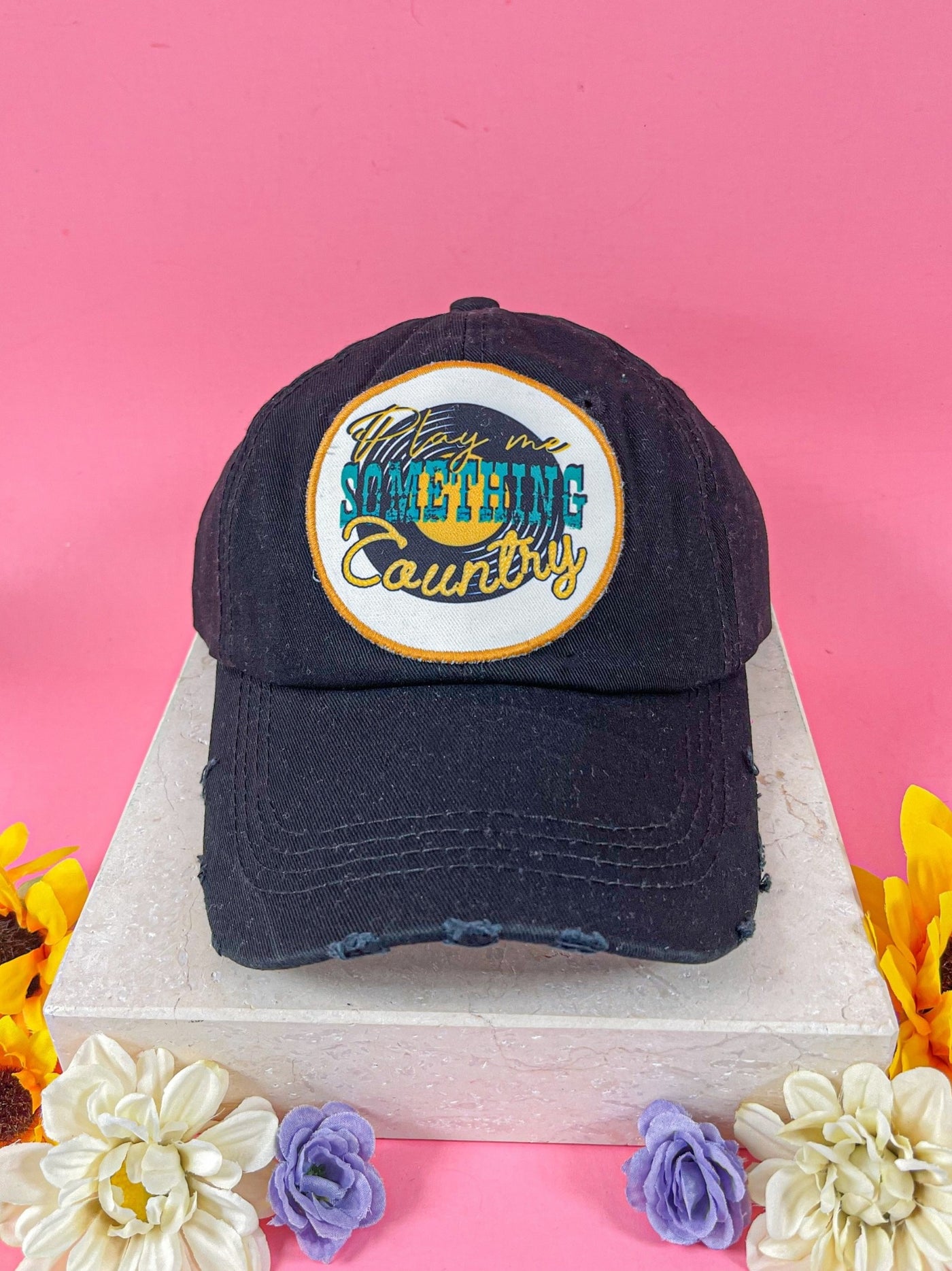 Play me something Country Patch On Black Distressed Hat