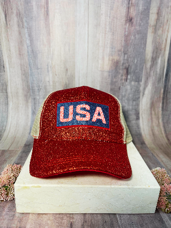 Glitter USA patch On Red Glitter High-Ponytail Hat
