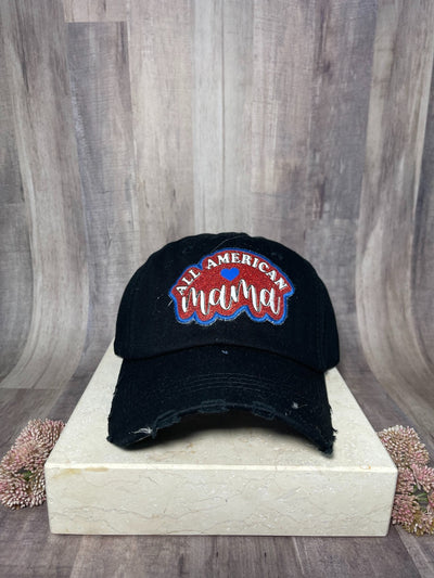 All American Mama on Black Distressed Hat