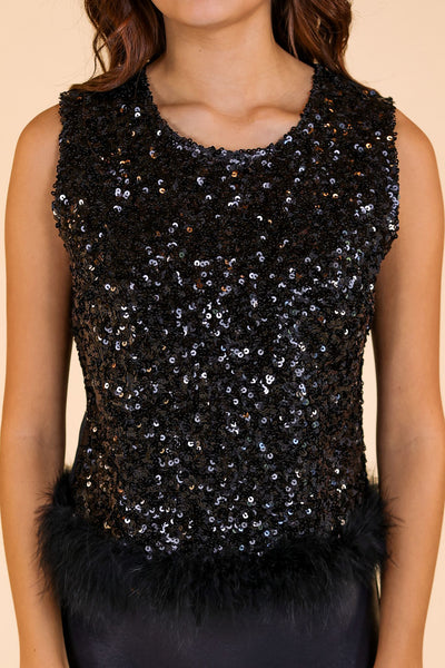 Feather or Not Sequin Crop with Feather Trim, Black