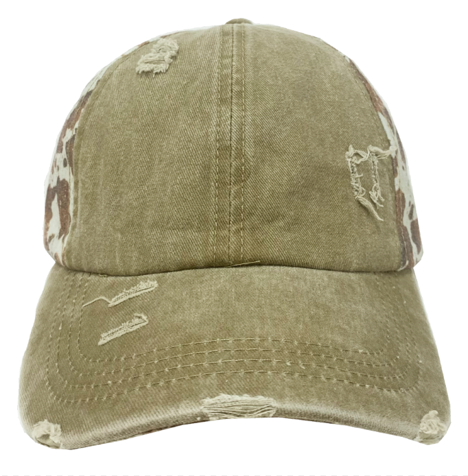 Distressed Light Brown and Brown Cow High Ponytail Hat