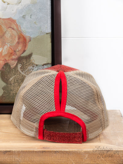 Red Glitter Hat With Beige Mesh