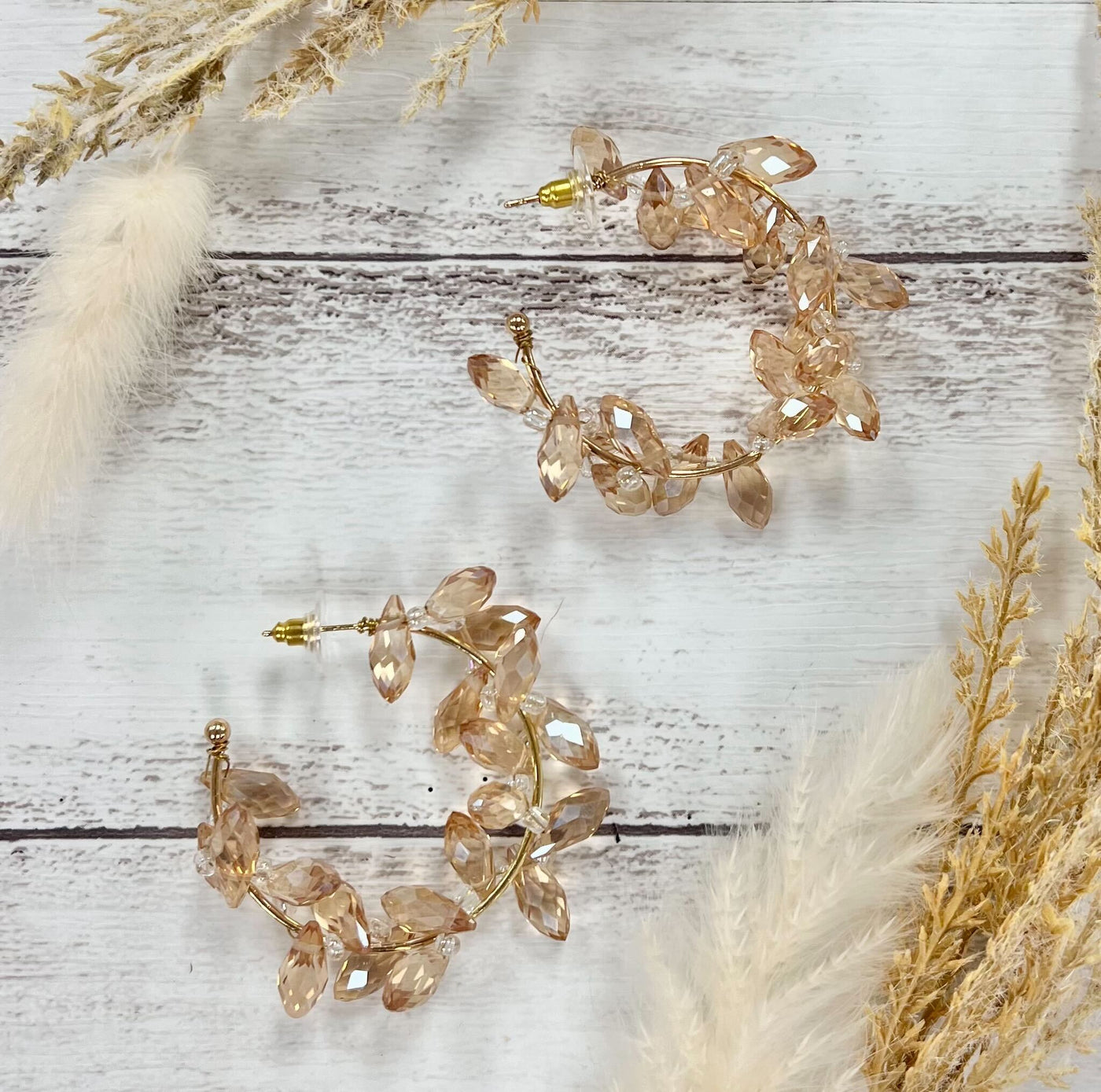 Grey Misty Meadows: Romantic Champagne Floral Hoop Earrings