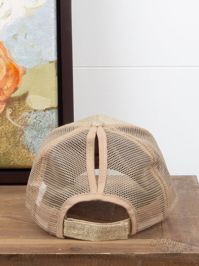 champagne high ponytail glitter hat